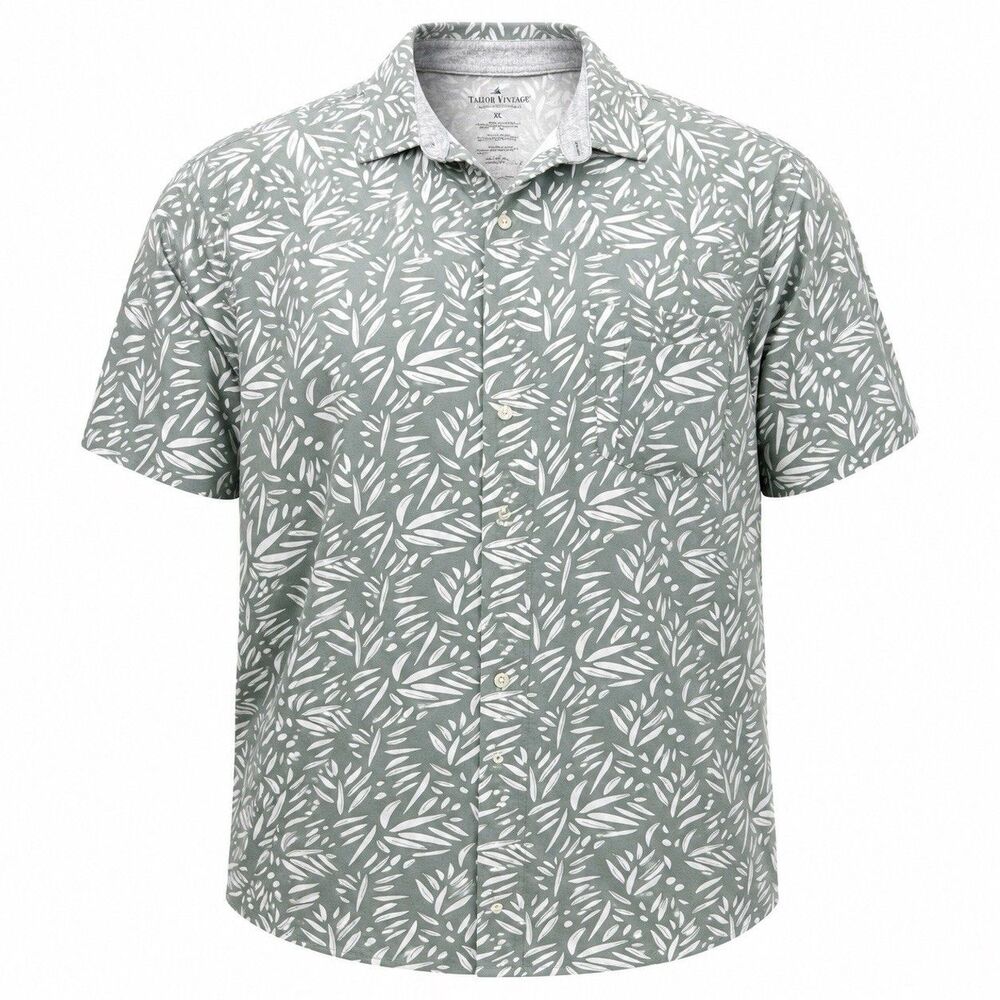 Tailor Vintage Men’s XL Polo Shirt Sage Green Tropical Leaf Print Stretch Golf